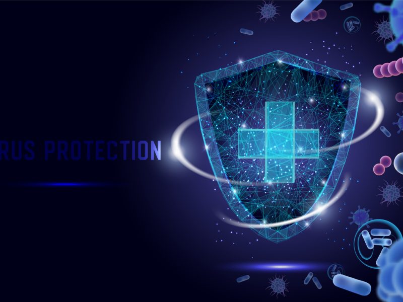 Virus protection vector web banner, website page template. Polygonal art style medical shield with cross protecting from bacteria and microbes. Virology, microbiology and medicine.